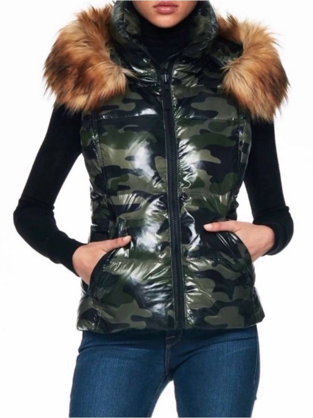 S13 Camouflage Quilted Puffer Vest with Faux-Fur Trim